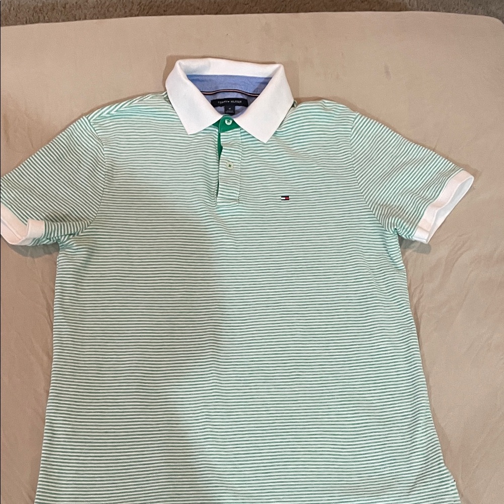 Tommy Hilfiger Men's Green and White Striped Polo Shirt - size medium